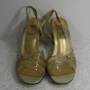 Wild Rose Shoes Anita Gold Glitter Clear Block Heel Slingback Sandals Size 7